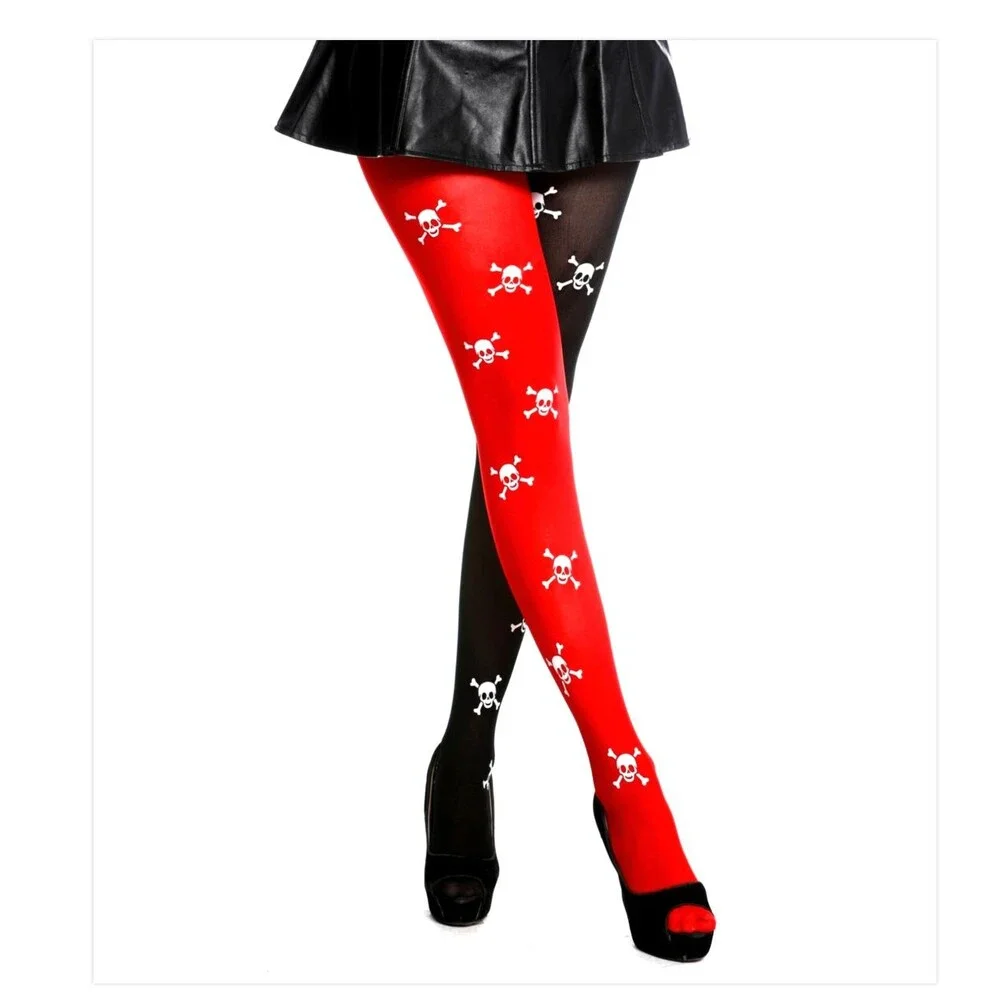 Red Black Skull Crossbones Thigh High Stockings Harlequin Goth Punk Costume